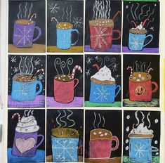 chalk drawings of coffee mugs with candy canes and marshmallows