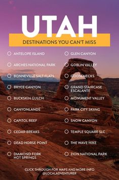 the utah destinations you can't miss info sheet with an image of arches and mountains