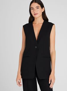 Taking inspiration from classic suiting, this modern vest is tailored in a lightweight fabric with a hint of stretch for polished comfort. The slightly relaxed fit and chic elongated length make it versatile enough to wear solo or layered. Wear it over our Trouser Style Suiting Mini Skirt or Full-Length Pintuck Trouser for a stylish pairing. Sleeveless Blazer, Modern Clothing, Long Vest, Breezy Dress, Long Vests, Mother Denim, Blazer And Shorts, Trouser Style, Back Women