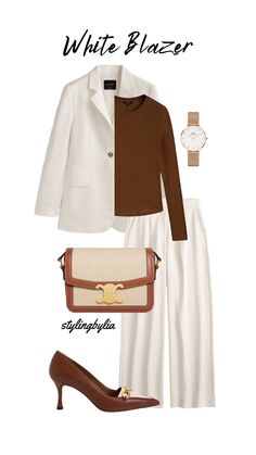 White And Brown Outfit, White Blazer Outfit, Birthday Attire, Ootd Blazer, White Jacket Outfit, White Blazer Outfits, Blazer Outfit Ideas, Classic Outfits For Women, Brown Outfits