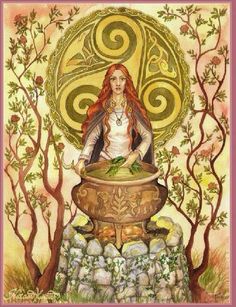 a painting of a woman with long red hair sitting in front of a large pot