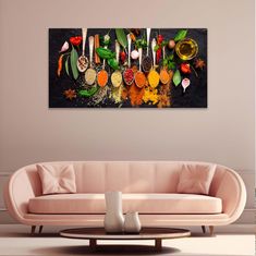 a living room scene with focus on the kitchen utensils hanging above the couch