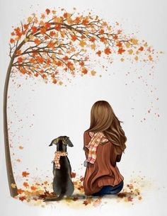 a woman sitting next to a dog under a tree with leaves on it's branches