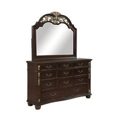 an ornate dresser with mirror on top and drawers in the bottom drawer, against a white background