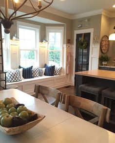 a bowl of fruit sitting on top of a kitchen counter next to a sink and window