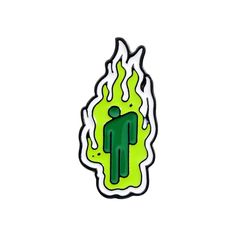 a green sticker with a man on it's face in the middle of flames