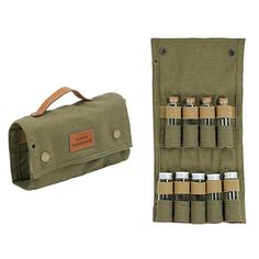 an olive green bag with six bottles in it and the pouch is open to show its contents