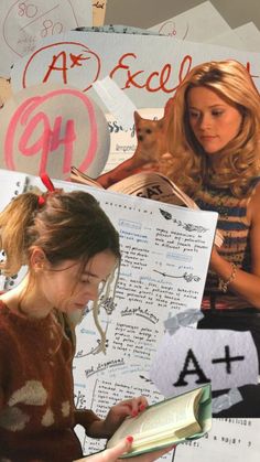 a collage of photos with people writing and pictures on the wall behind them, including a woman reading a book