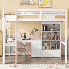 a child's bedroom with bunk bed, desk and bookshelf in pastel colors