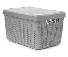 a grey plastic basket sitting on top of a white floor