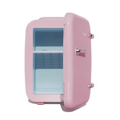 a pink refrigerator with its door open on a white background and no one in it