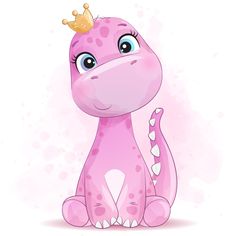 a cartoon pink dinosaur with a gold crown on its head sitting in front of a watercolor background