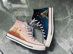 Hand Painted Men's High Top Sneakers Disney Painted Shoes, Groom Wedding Shoes, Converse Design, Painted Converse, Custom Painted Shoes, Men's High Top Sneakers, Cartoon Shoes