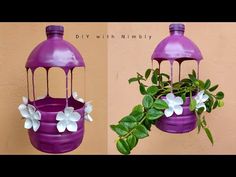 two pictures of purple pots with flowers in them