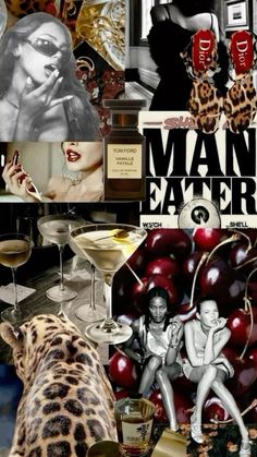 a collage of photos with an image of a woman in leopard print clothing and wine glasses