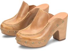 Kork-Ease Spencer - Women's Shoes : Tan : A perfect blend of edgy-cozy! Featuring a leather upper with natural rivet detail, the Kork-Ease Spencer clogs have a moccasin-inspired toe design. The slip-on style clogs feature a breathable soft fabric suede lining and a cushioned fabric-covered footbed with extra foam. Hand-finished water transfer faux wood heel and platform. Rubber outsole. Imported. Measurements: Heel Height: 3 3 4 in Weight: 10.07 oz Product measurements were taken using size 7, w Merrell Hiking Boots, Style Clogs, Tan Woman, Wood Heel, Water Transfer, Faux Wood, Toe Designs, Product Reviews, Loafer Shoes