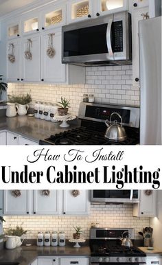 a kitchen with white cabinets and stainless steel appliances, including an under cabinet lighting over the stove