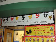 the entrance to a classroom decorated for mickey mouse day