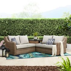 an outdoor living area with furniture and plants