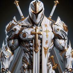 a white knight with gold accents and cross on his chest