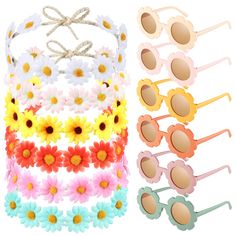 PRICES MAY VARY. Stylish Designs: the hippie glasses and headband sets are designed with colorful daisy and sunflower elements, fresh and vivid, nice hippie bohemian styles accessory, you can wear them to to show off your personal style, which make you stand out in the crowd Sufficient Quantity: package includes 6 pieces of hippie glasses with 6 pieces of hippie flower headbands, all of them are features with different sweet colors; Enough quantity to meet your different parties demands Proper S Daisy Costume Flower, Party Gifts For Kids, Flower Power Party, Crown Costume, 70s Festival, Hippie Glasses, Hippie Birthday Party, Daisy Flower Crown, 70s Theme Party