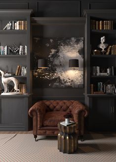 a living room filled with furniture and bookshelves next to a horse head on the wall