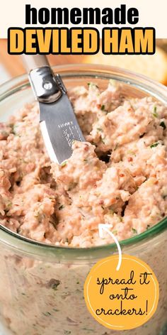 homemade deviled ham spread in a glass bowl with a spoon