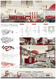 an architectural drawing shows the various sections of a building with red and white accents, including two