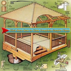 the full gazebo plans are shown in blue and white with an arrow pointing to it