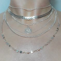 This Pretty Little Layered Necklace Has 6 Delicate Chains Of Varying Lengths And Styles. There Is A Coin Pendant At The Center. Lobster Claw Clasp. Silver Toned Alloy. Approximate Measurements: Shortest Chain: 12" Longest Chain: 20" Pendant: 5/8" Extender: 3 1/2" J0086 Silver Necklace Stack, Layered Coin Necklace, Byzantine Necklace, Silver Coin Necklace, Geode Necklace, Necklace Stack, Heart Choker Necklace, Lapis Pendant, Star Necklace Gold