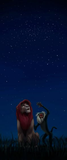 the lion and the mouse are facing each other in front of a night sky with stars