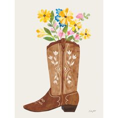 a painting of a cowboy boot with flowers in the boots on it's side