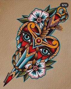 an artistic tattoo design with scissors and flowers on the side of a piece of paper