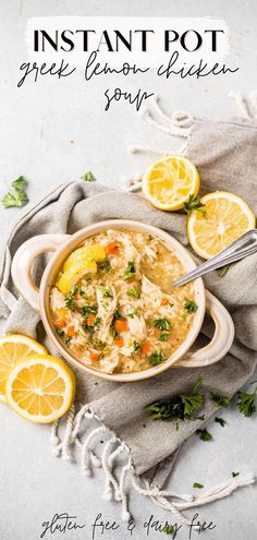 a bowl of chicken soup with lemons and parsley