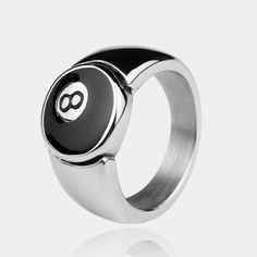 8 BALL RING IN SILVER PLATED STAINLESS STEEL Water/sweat/heat resistant (no green skin) Comes in eco-friendly packaging Weight approx 9g We make this ring following our sustainable ethos. It's crafted from recycled stainless steel, and it can be fully recycled again to make new products in the future. 8 Ball Clothes, 8 Ball Ring, Stussy Ring, Rings Masc, Masc Rings, Masc Jewelry, Skater Rings, Streetwear Rings, Cool Rings