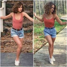 two pictures of women in short shorts and tank tops, one with her arms out