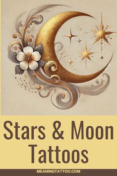 stars and moon tattoos on a beige background with white flowers in the foreground is an illustration of a crescent, flower, and star