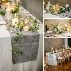 the table is set with candles, flowers and greenery for an elegant wedding reception