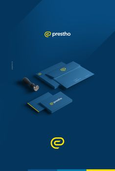 the logo for prestho is shown on a blue background with yellow and black accents