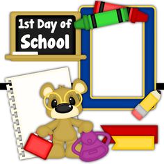 a teddy bear sitting in front of a blackboard with school supplies around it and the words 1st day of school written on it