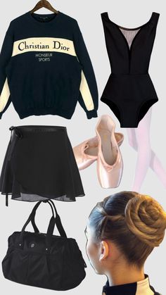 various types of clothing and accessories including ballet shoes, sweaters, skirt, handbag