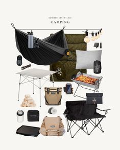 an assortment of camping items including a hammock, table and chair