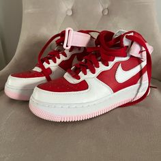 Aren’t These The Cutest Nikes You Ever Did See?! Rock The Barbie Movie In These Lovelies! Worn One Time For Valentine’s Day Party And Ready To Release Them Out To Be Loved By Someone Else! These Are Custom Af1s. Nike Air Force One - Women Size - 5.5 Pink / Red / White Disclaimer - I Hang Dry All Of My Clothes, So They Do Look Wrinkled But They Are Cleaned And Cared For. :) Also, I Do Have A Corgi At Home And I Do My Very Best To De-Yoshi Hair All Of My Clothes, But Occasionally A Hair Or Two Doe Red And Pink Sneakers, Pink Nike Air, Nike Shoes Women Fashion, Allergic To Dogs, The Barbie Movie, Nike Air Force One, Barbie Movie, Cute Nike Shoes, Pink Nike