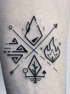 a black and white tattoo design on the leg with geometric shapes, arrows and fire