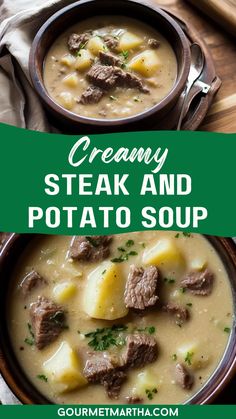 creamy steak and potato soup in a bowl