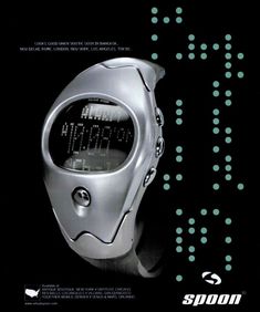 an advertisement for a watch with the words spoon written in white and green dots on it