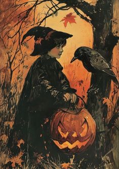 a painting of two children dressed as witches and one is holding a jack - o - lantern