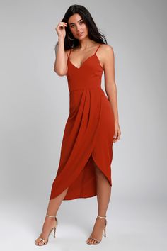 Lovely Rust Red Dress - Midi Dress - High-Low Dress - Wrap Dress Pretty Red Dress, Gaun Koktail, Crimson Dress, Cute Red Dresses, Red Midi, Red Dress Women, Red Bridesmaid Dresses, Little Red Dress, Red Dress Maxi