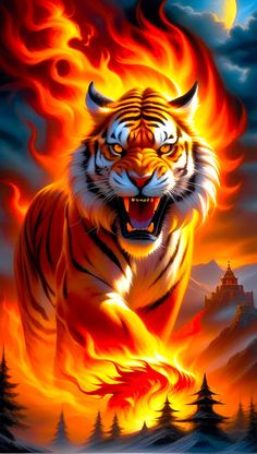 a tiger is running through the fire with its mouth open and it's eyes wide open