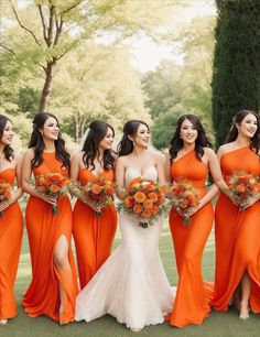 a group of women in orange dresses standing next to each other with bouquets on their laps